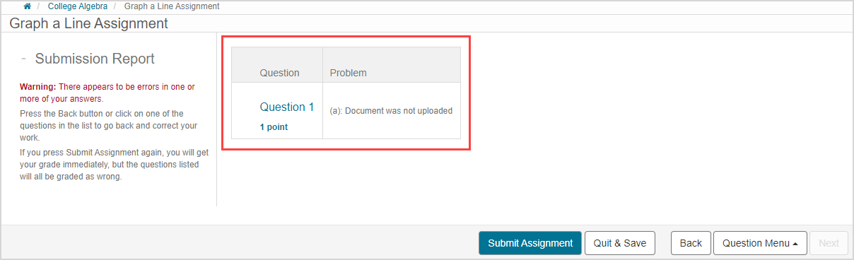 A submission report screen before officially submitting your attempt lists the questions from the activity that still require document uploads.